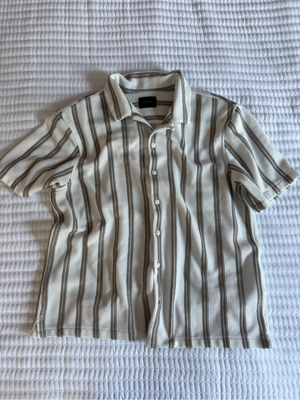 PacSun Cream Short Sleeve Button-Up Shirt with Brown Stripes